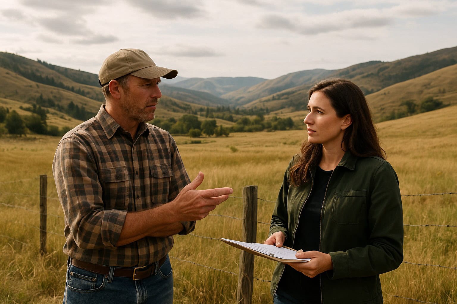 Farmer and conservationist discussing conservation easement in rural Washington.