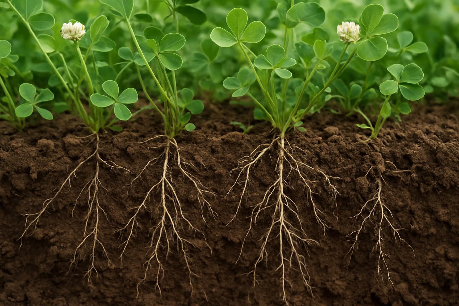 Close-up of clover roots in soil demonstrating nitrogen fixation.