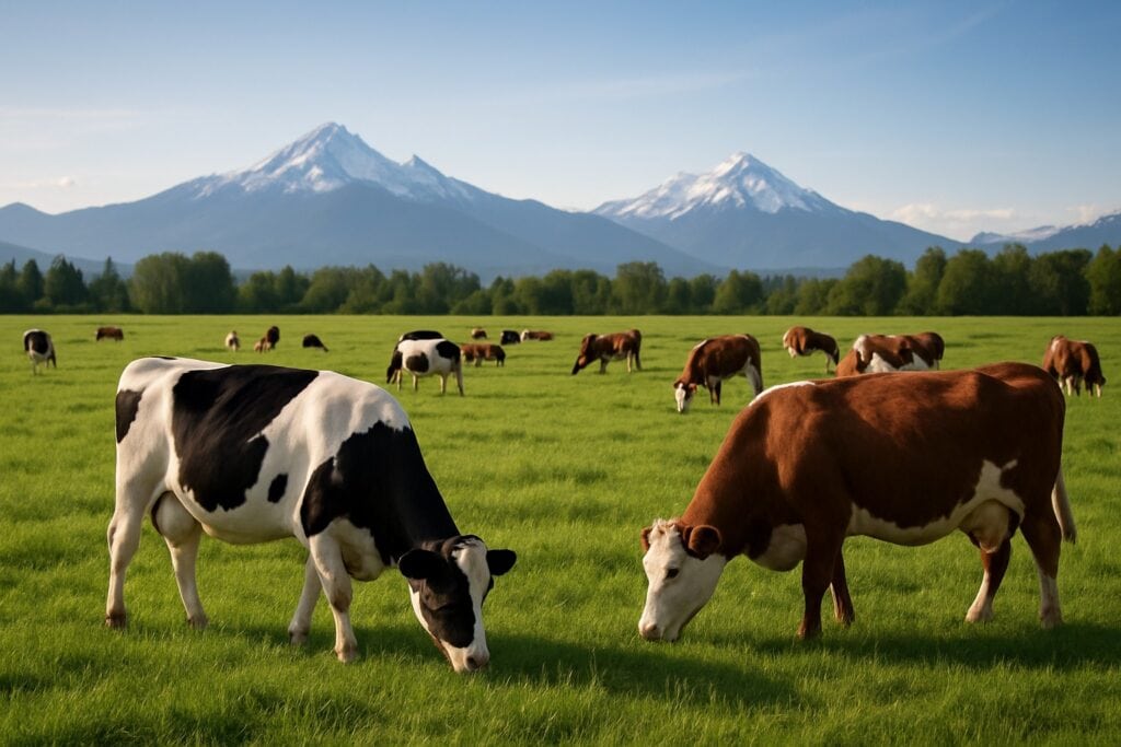 Cows grazing in Washington State with mountains in the background.