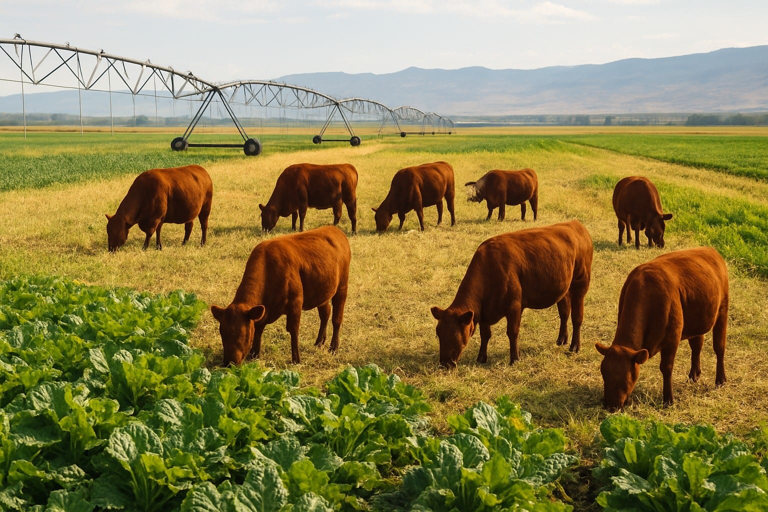 Cattle in a crop rotation system with irrigation in the Columbia Basin.