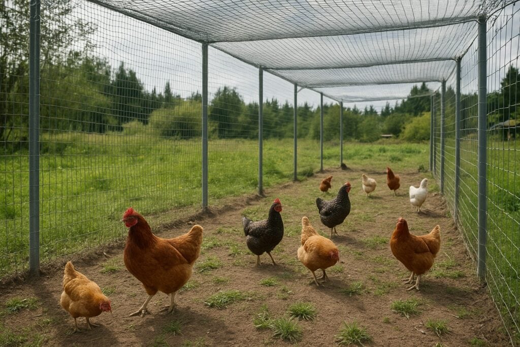 Secure chicken run with protective fencing and netting in Washington State.