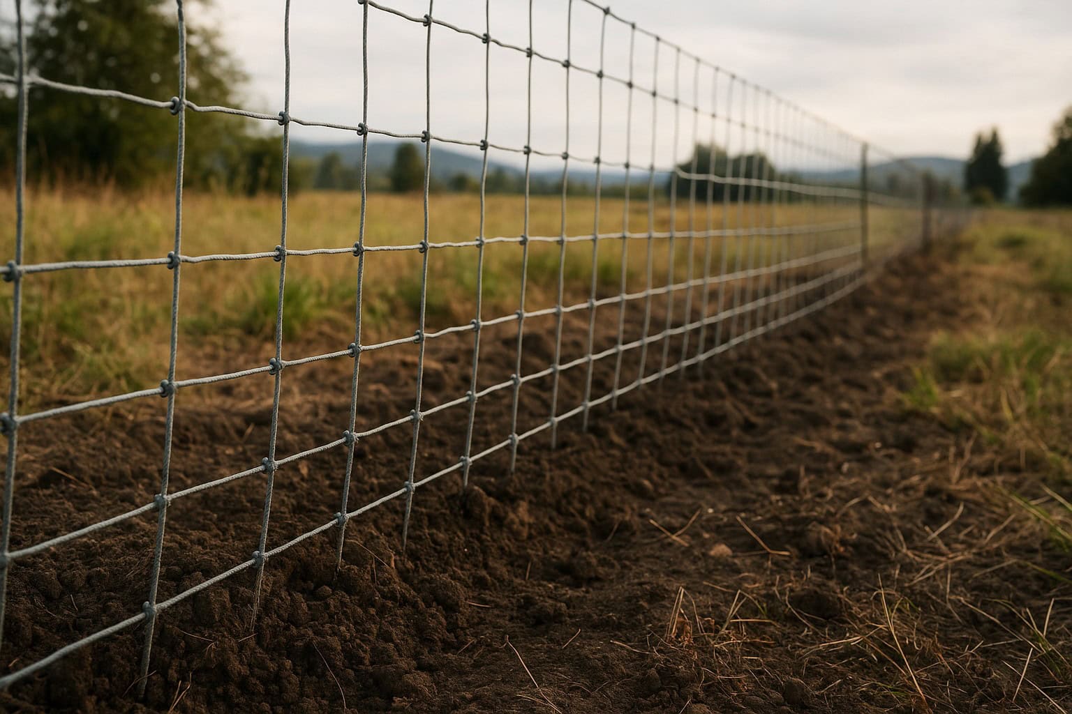 Heavy-duty wire mesh fencing in rural Washington.