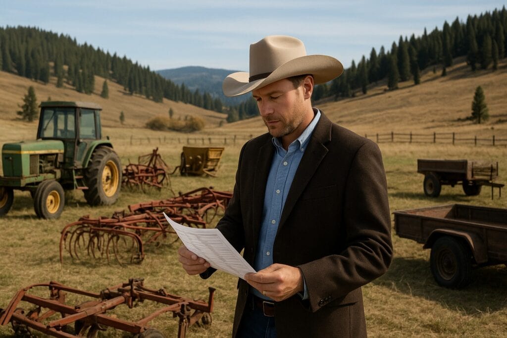 Ranch broker reviewing equipment inventory on a Washington State ranch.