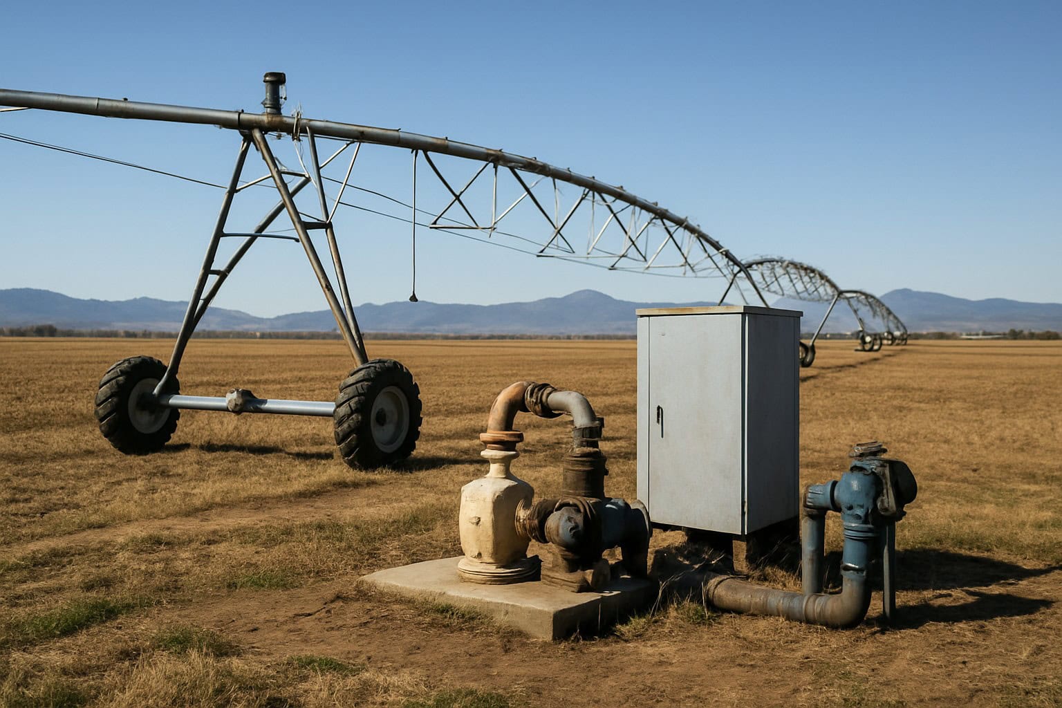 Irrigation equipment on Washington farmland with mountains in the background.