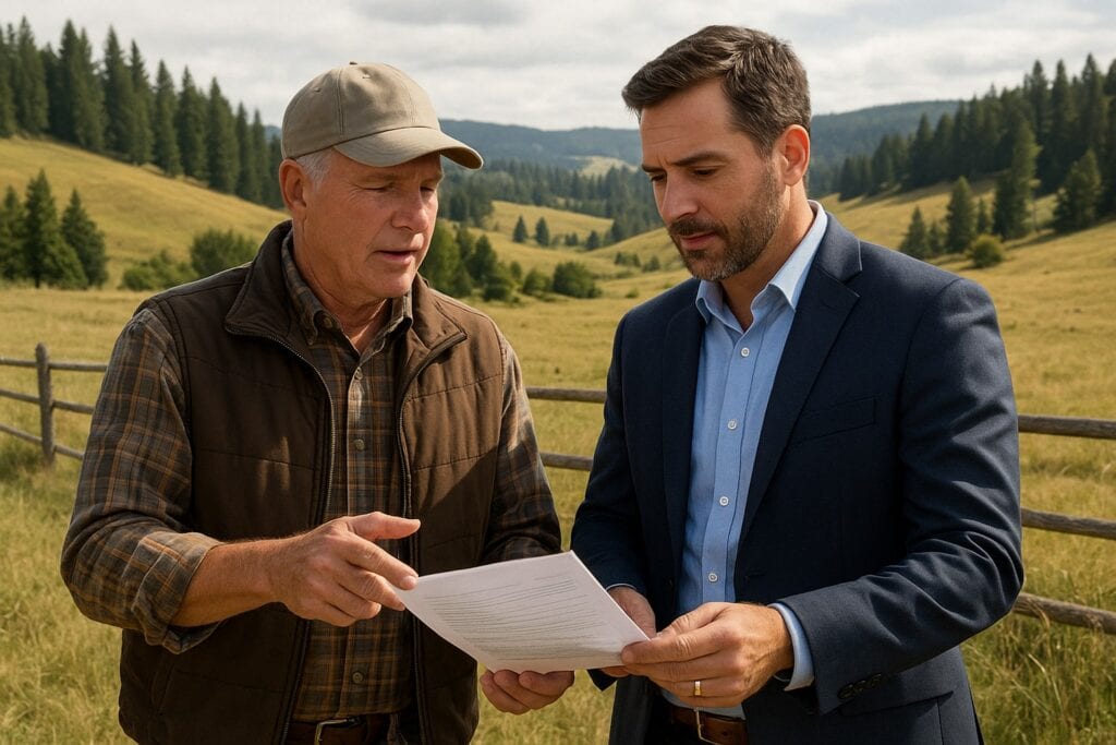 Land broker and client reviewing documents on a Washington State ranch.
