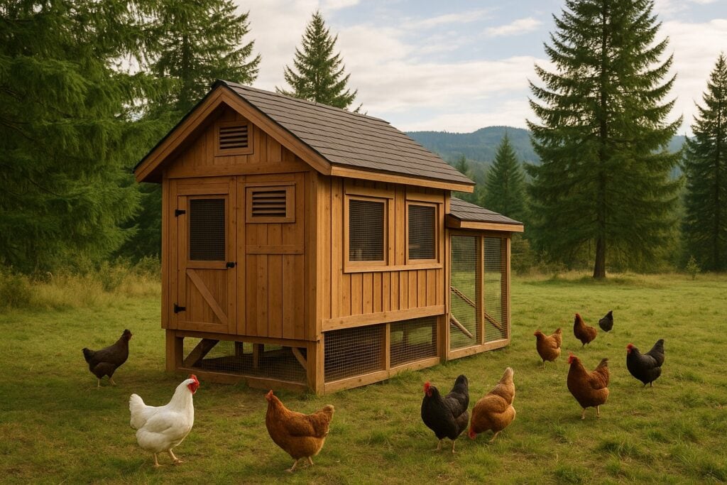 Chicken coop with ventilation in Washington State landscape.