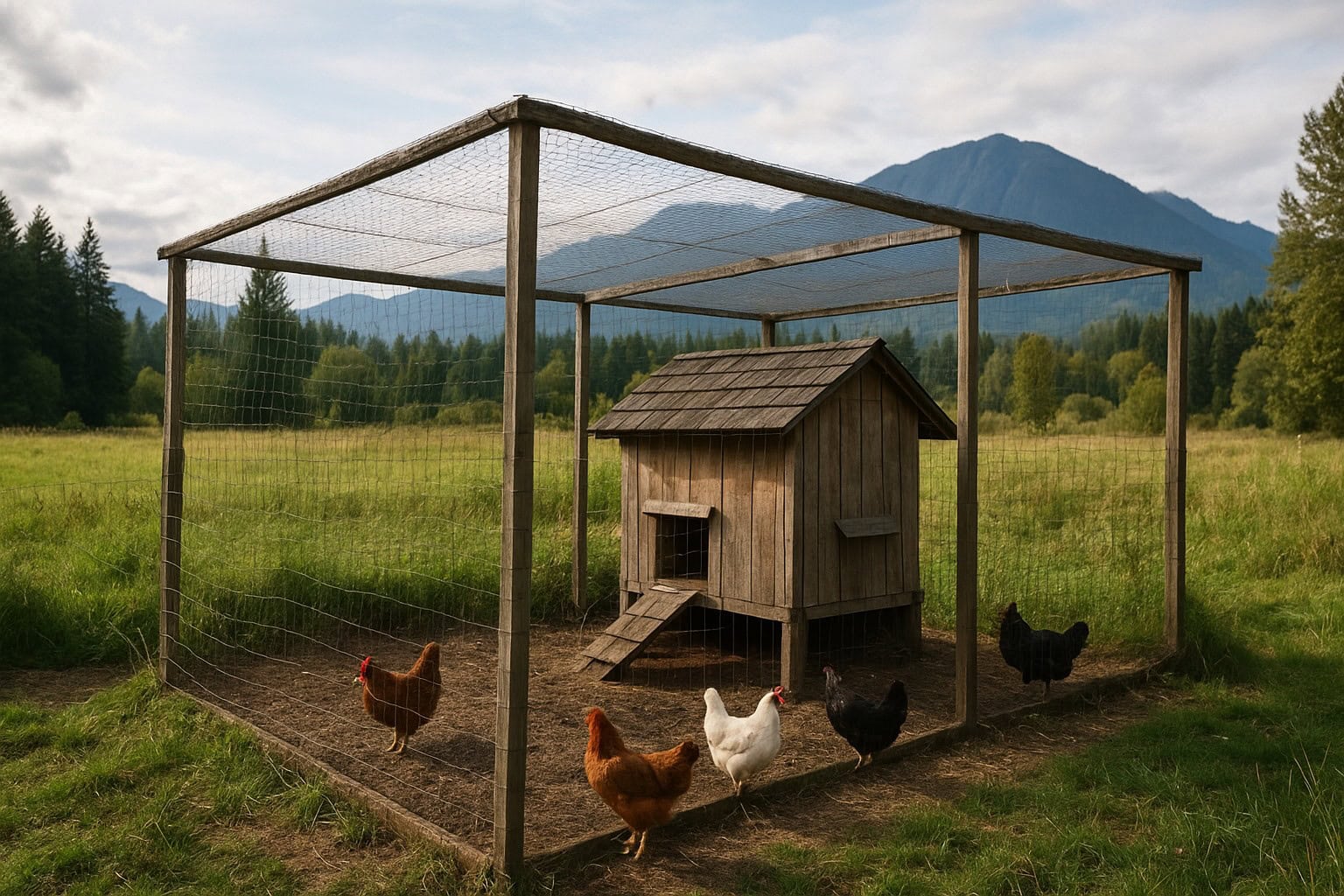 Chicken coop with predator protection in Washington landscape.