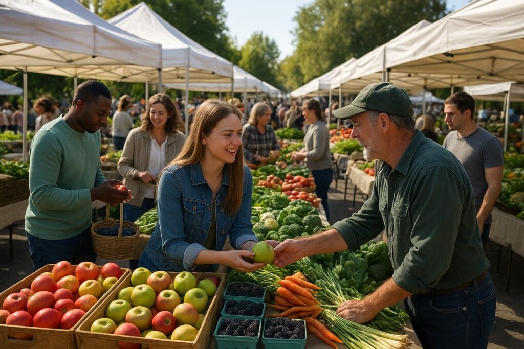 Farmers market in Washington State with fresh produce and consumer interactions.