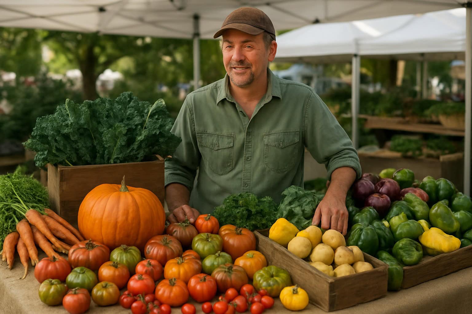 Small-scale farmer with heirloom and organic produce at a farmers market in Yakima Valley.
