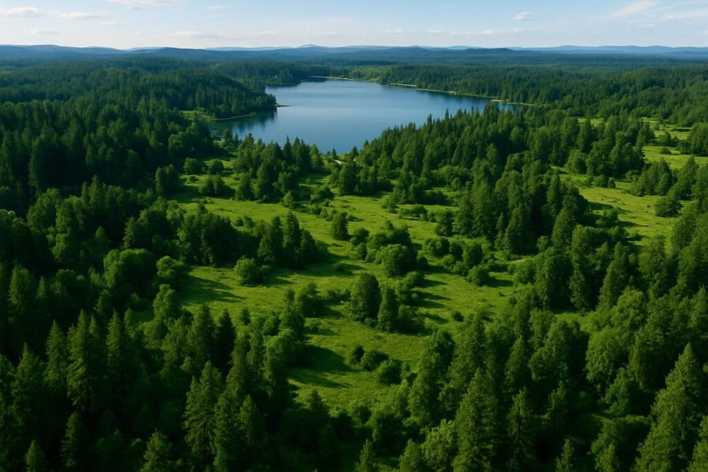 Aerial view of forested landscape in Spokane County, Washington with a lake.