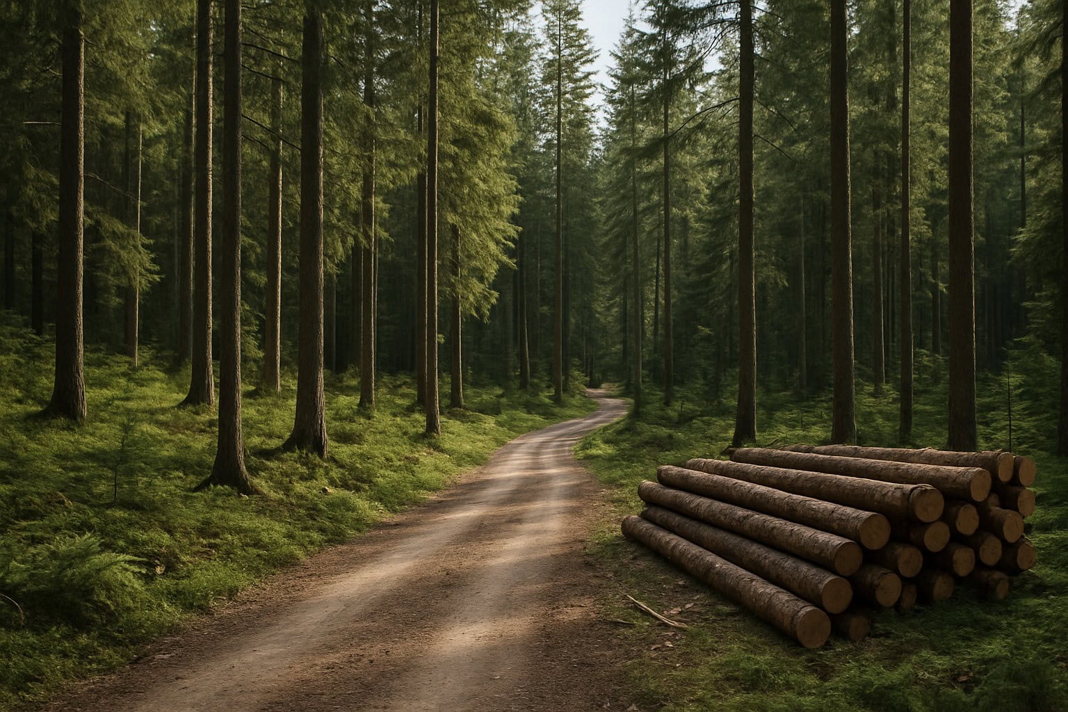 Managed forest with logging road in evergreen trees.