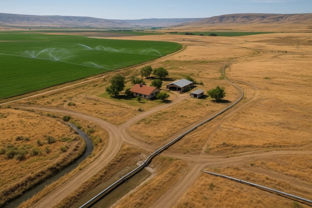 Aerial view of a Washington State ranch with irrigation systems and pipelines.