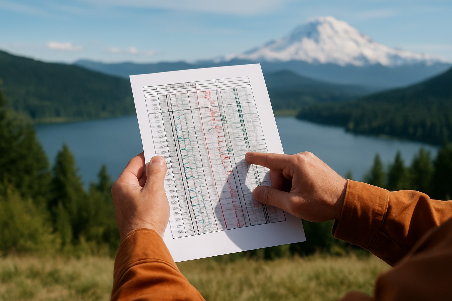 Person examining a well log with Washington State landscape.