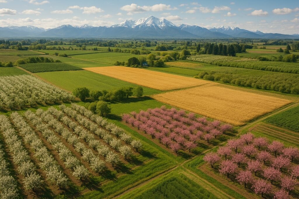 Aerial view of Washington State farmland with apple orchards, cherry trees, and wheat fields.