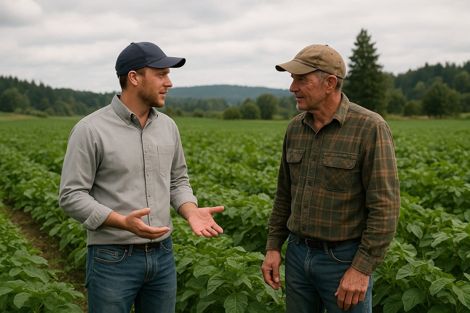 Farmer leasing land in Washington, talking to a local farmer in a green field.