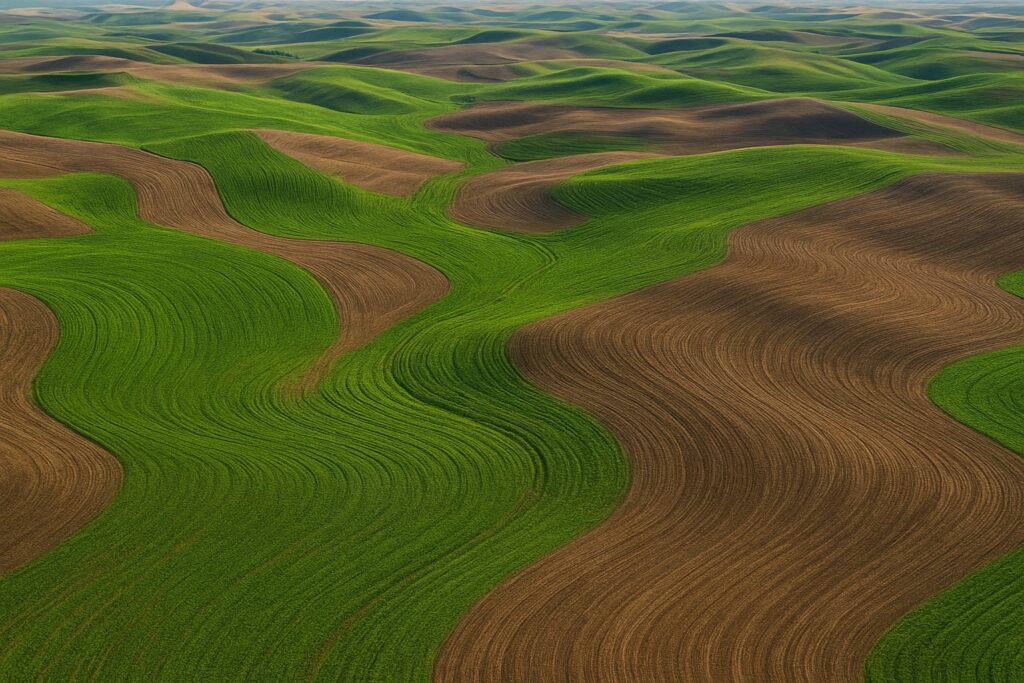 Aerial view of Eastern Washington rolling hills with conservation tillage patterns.
