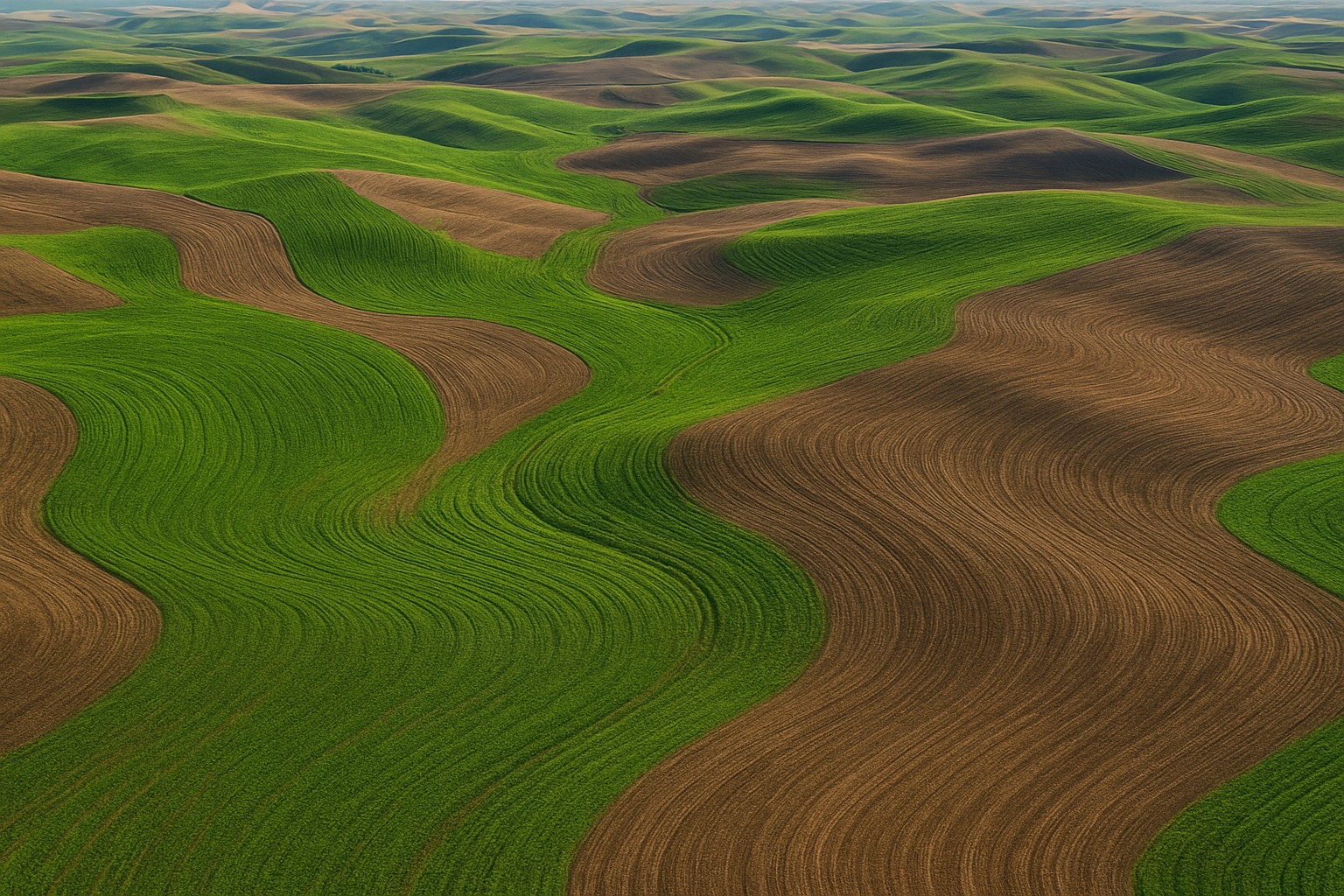 Aerial view of Eastern Washington rolling hills with conservation tillage patterns.