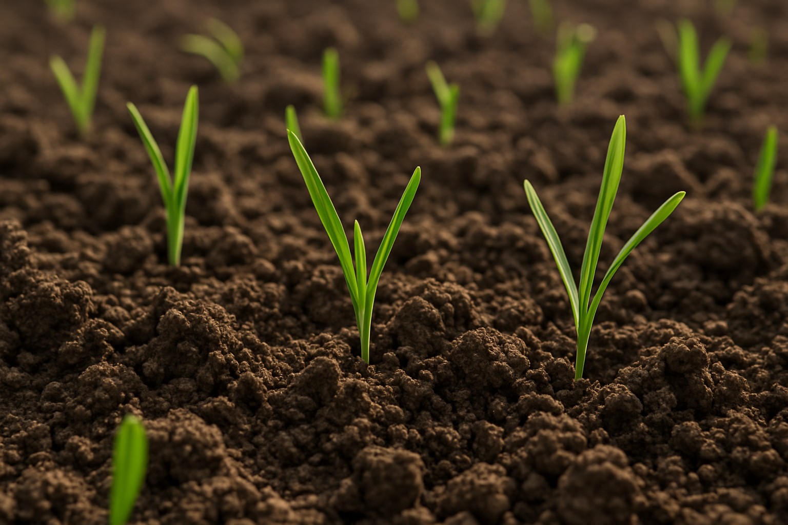 Close-up of loess soil with emerging wheat crop showing healthy soil structure.