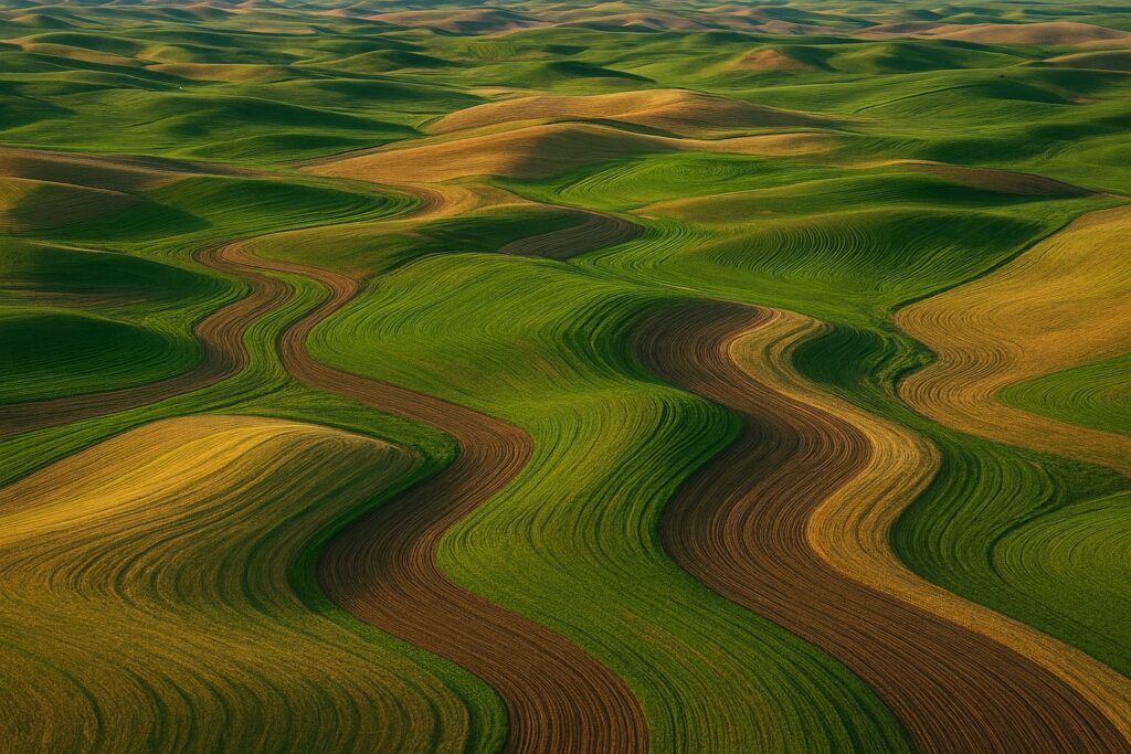 Aerial view of Palouse hills with contour farming and strip cropping in Washington State.