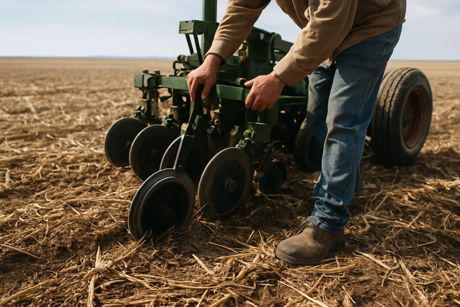 Farmer practicing no-till farming on dryland soil in eastern Washington.