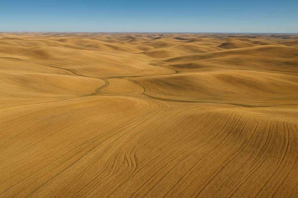 Aerial view of dryland wheat fields in Eastern Washington with rolling hills and blue sky.