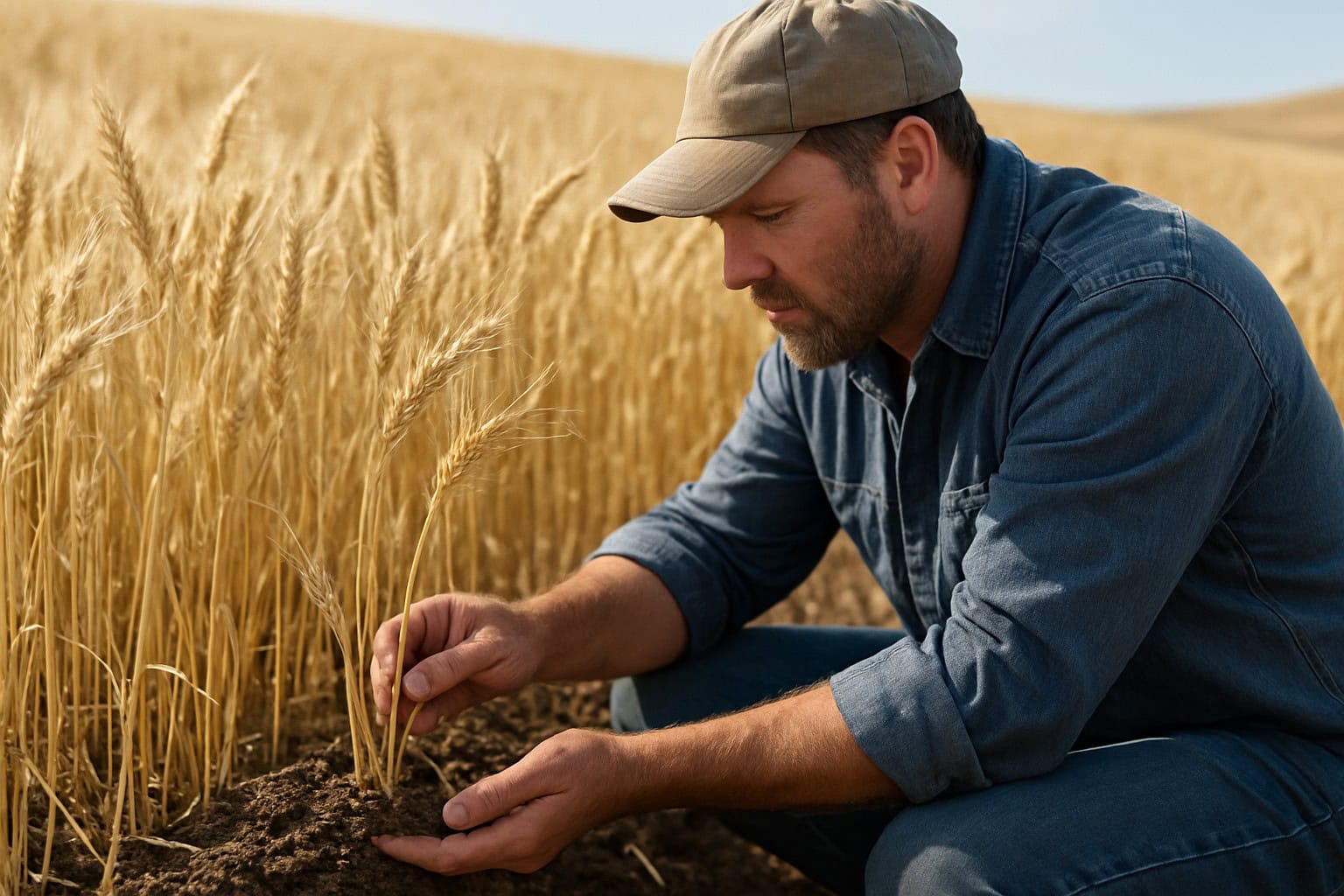 Farmer inspecting wheat crops in Eastern Washington with focus on soil and wheat heads.