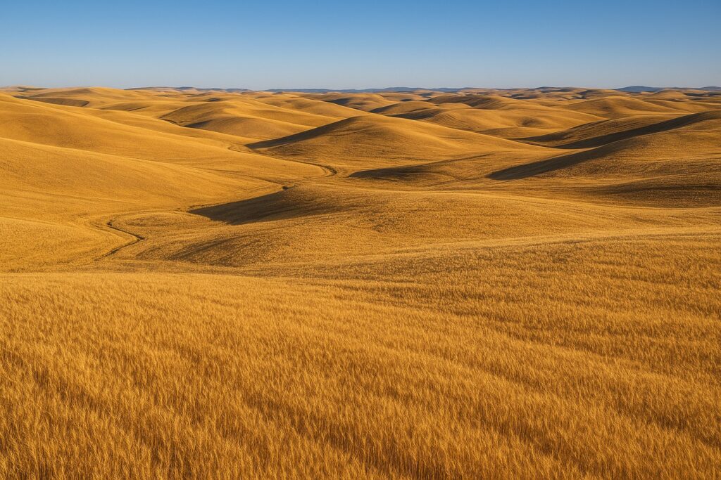 Aerial view of dryland wheat fields in Eastern Washington's Palouse region.