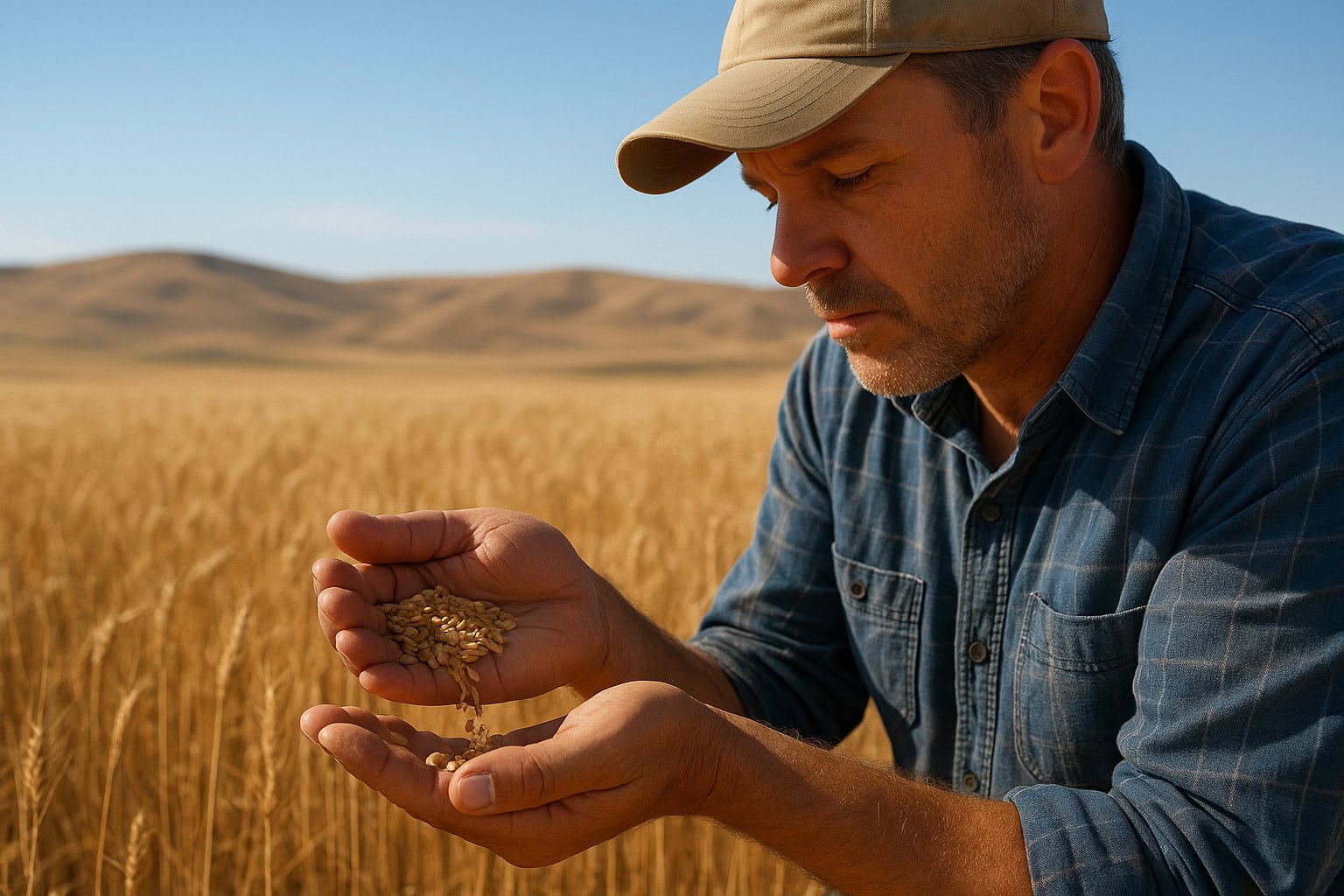 Farmer inspecting wheat grains in a dryland field in Eastern Washington.