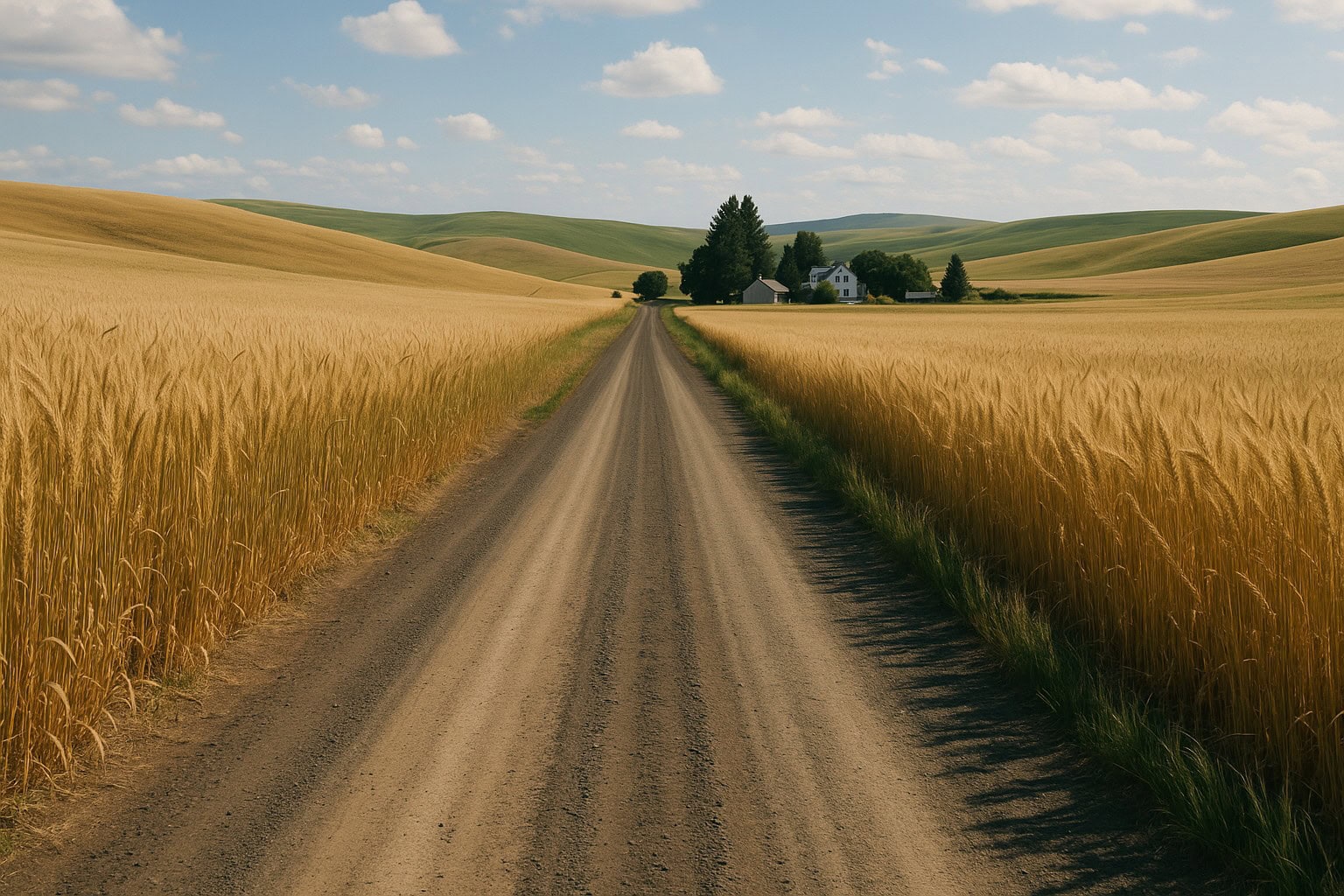 Rural road in Eastern Washington with wheat fields and a farmhouse.