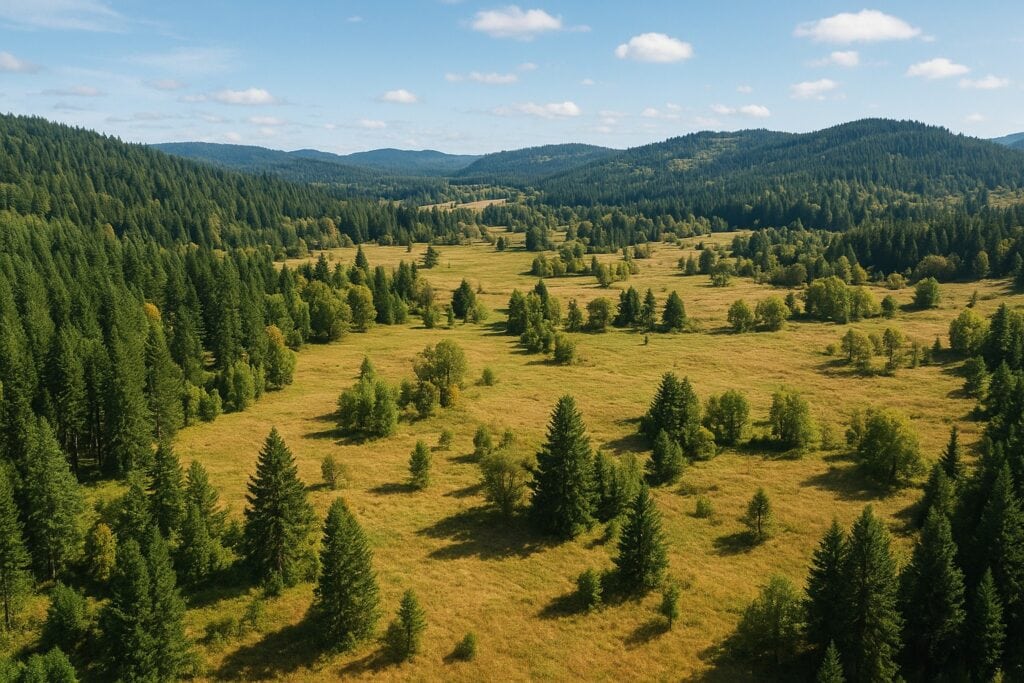 Aerial view of Dunn Mountain Hunting Retreat with forests and open spaces in Washington.