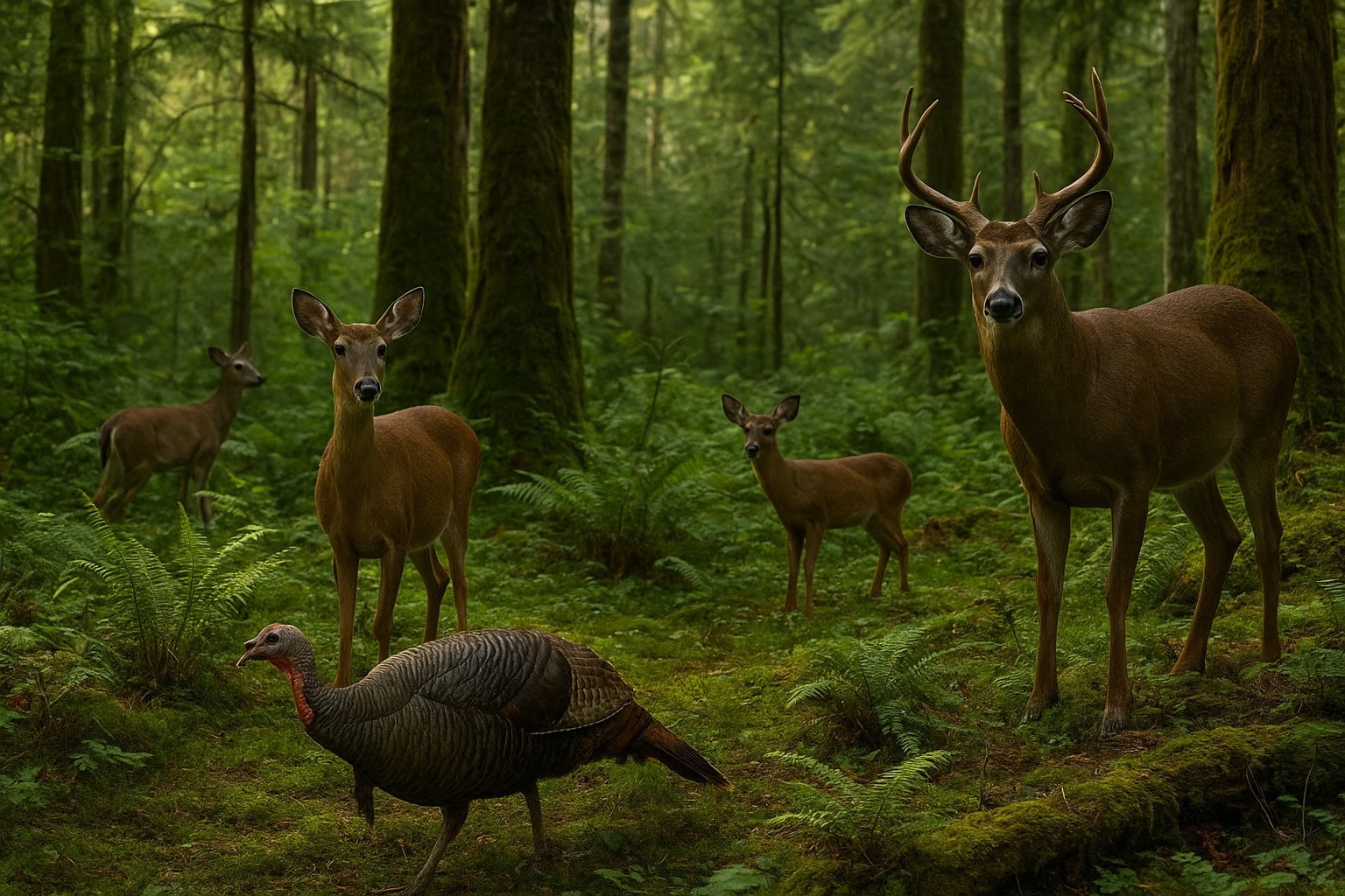 Deer and turkey in a forest at Dunn Mountain, Washington.