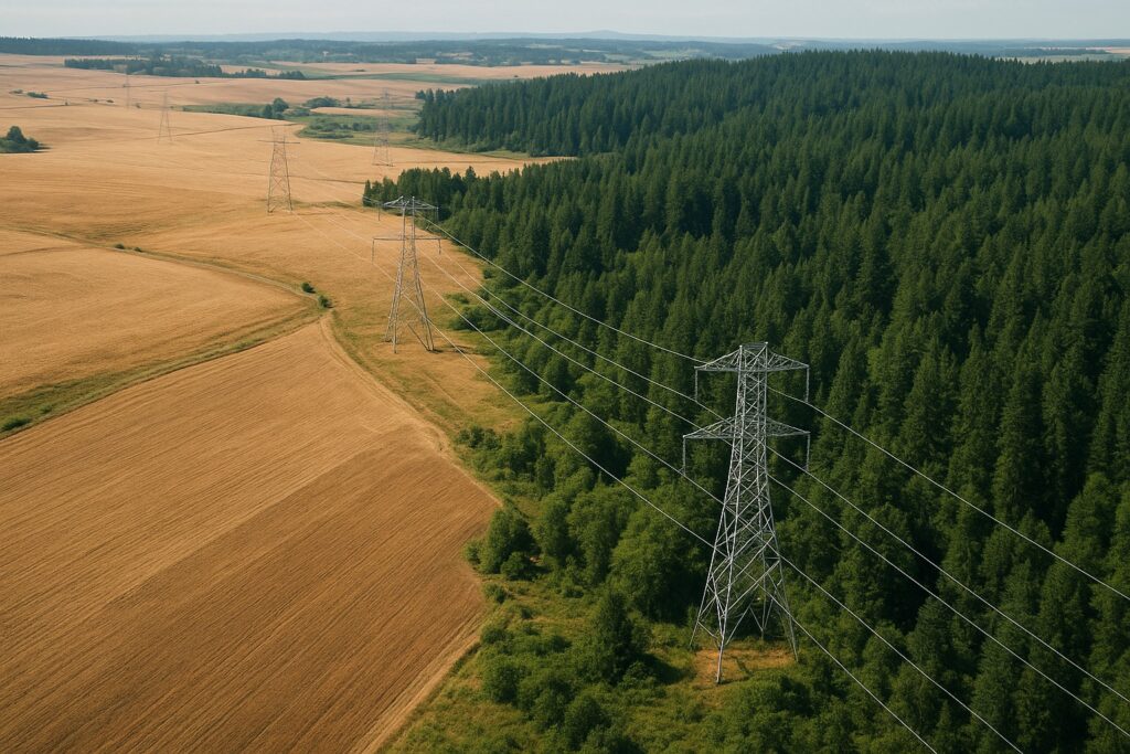 Aerial view of Washington State with power lines over wheat fields and timberland.