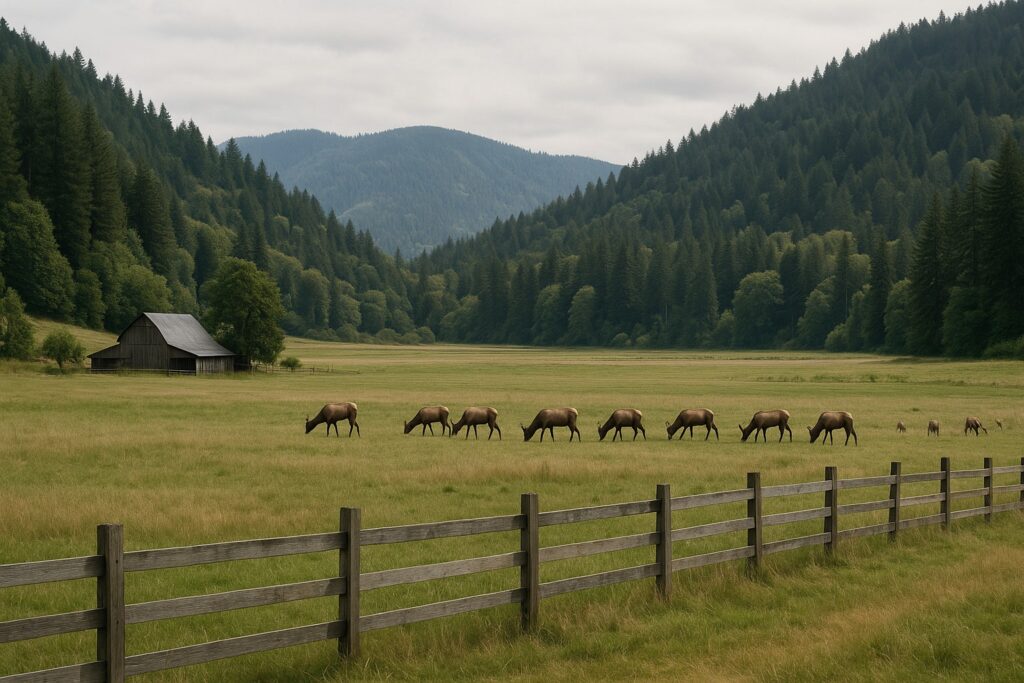 Elk grazing on a Washington State ranch with rolling hills and forests.