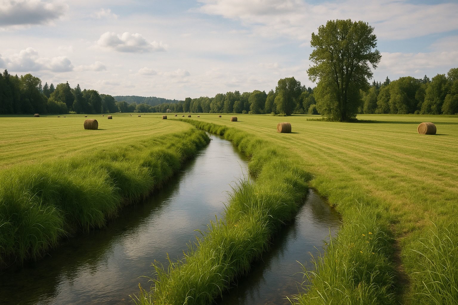 Creek running through a hay field in rural Washington State.