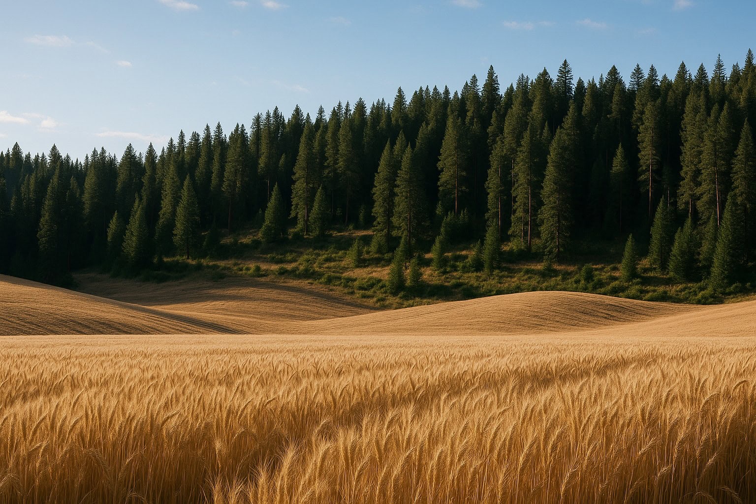 Dryland wheat field with timberland in the background in Washington State.
