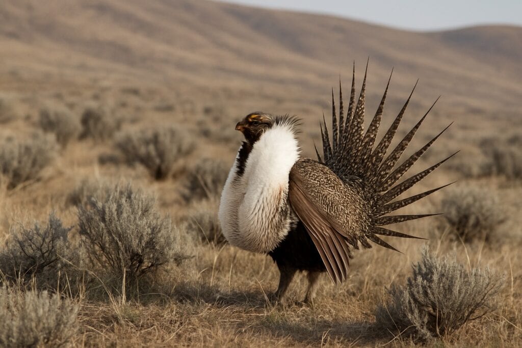 Greater sage grouse in mating dance in Washington sagebrush landscape.