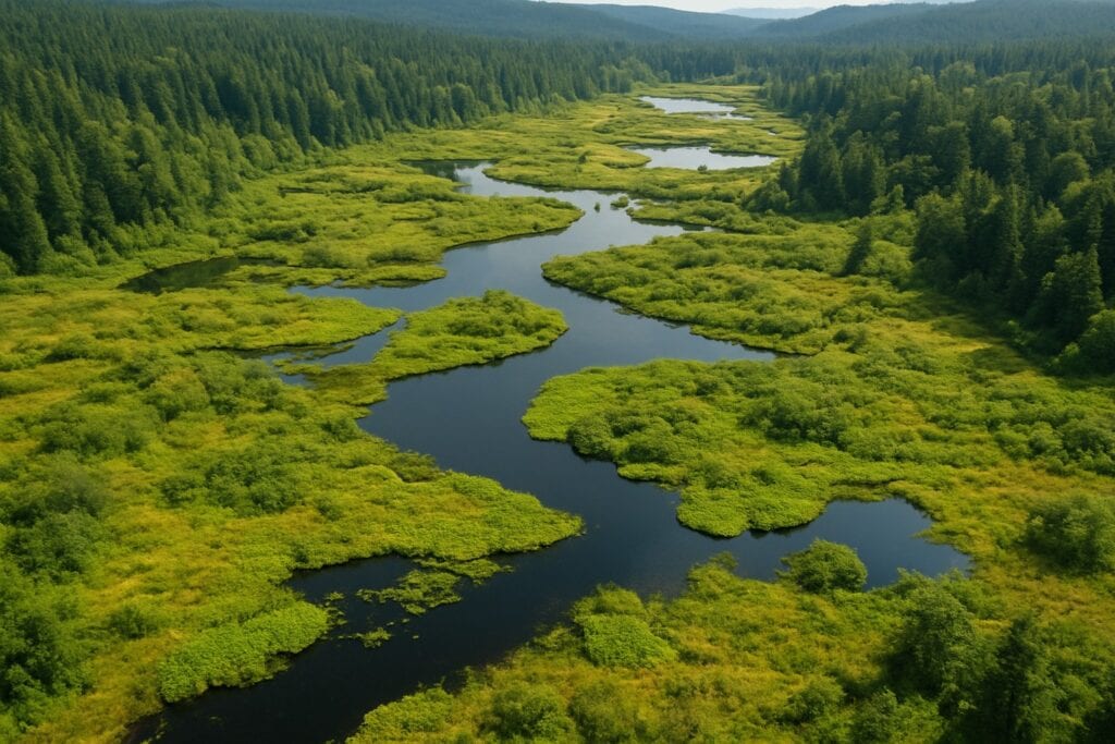 Aerial view of Washington State wetland with water bodies and forests.