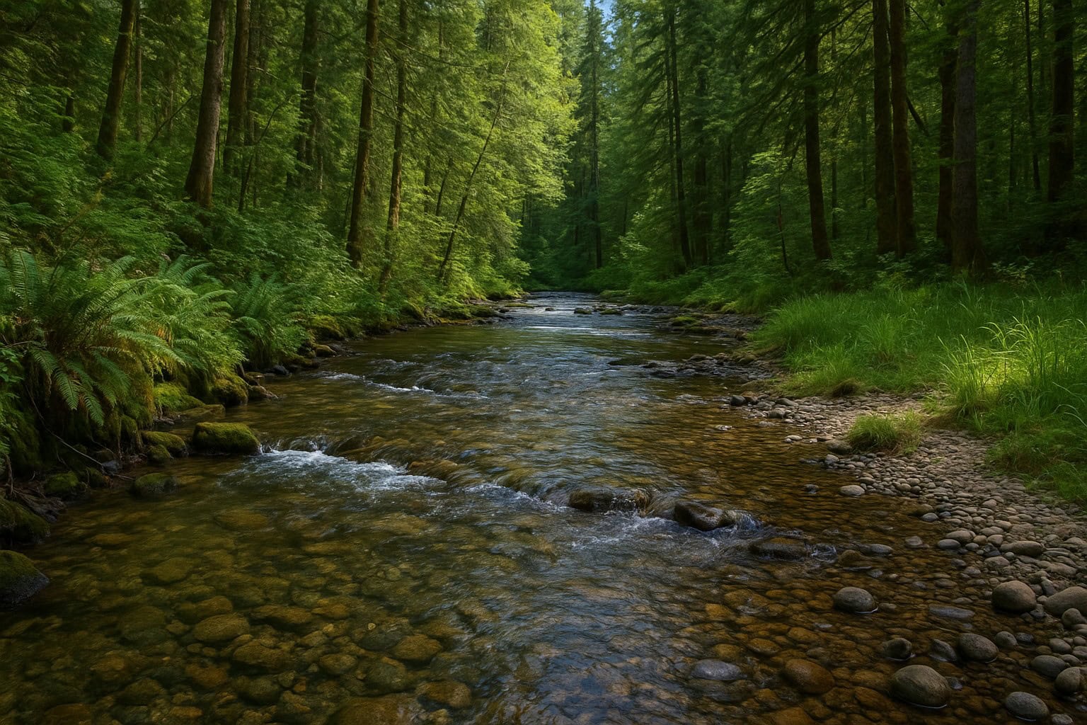 Riparian system with a stream in a forested area in Washington State.
