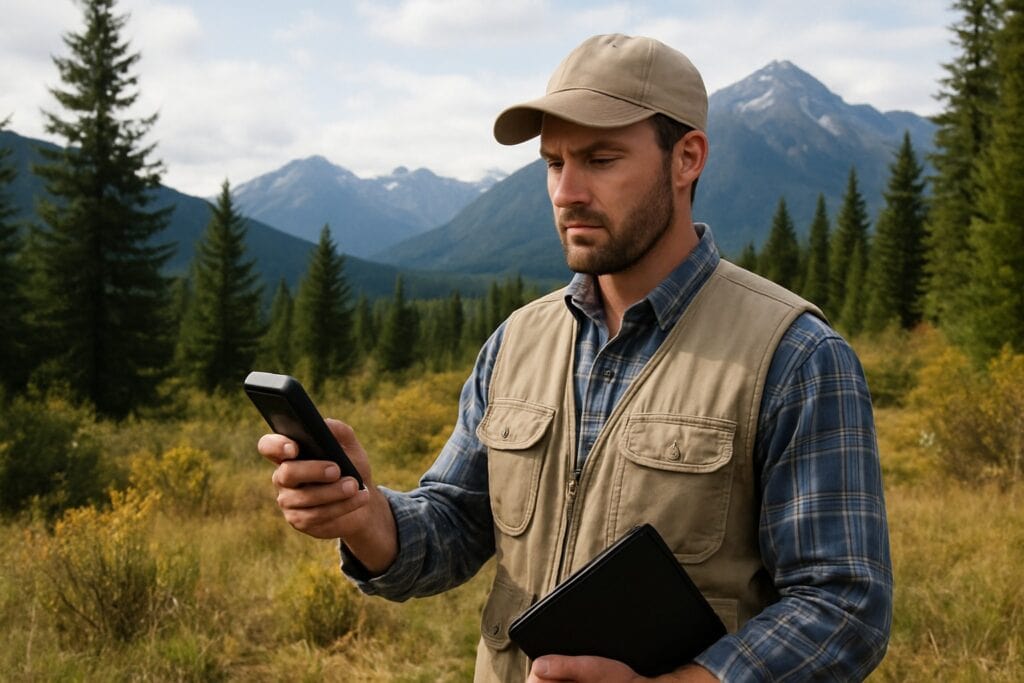 Land broker using GPS in Washington State landscape with mountains.