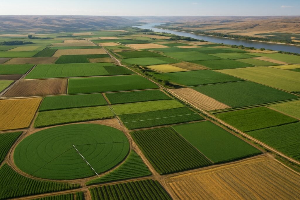 Aerial view of Columbia Basin with irrigation and crops in Washington State.