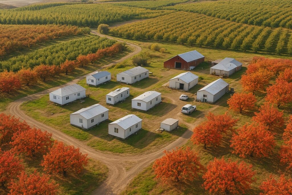 Aerial view of farmworker housing in Washington orchards.