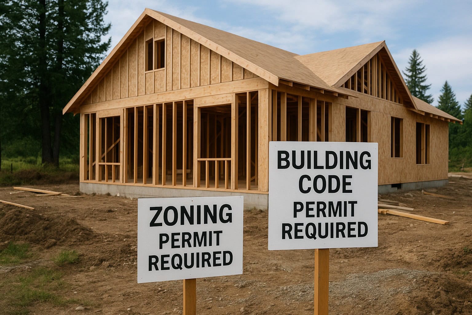 Farmworker housing construction with zoning signs in rural Washington.