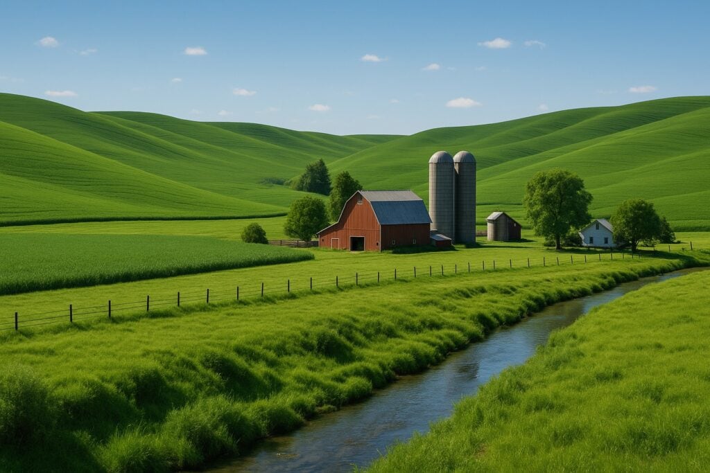 Washington State farm with rolling hills and a creek.
