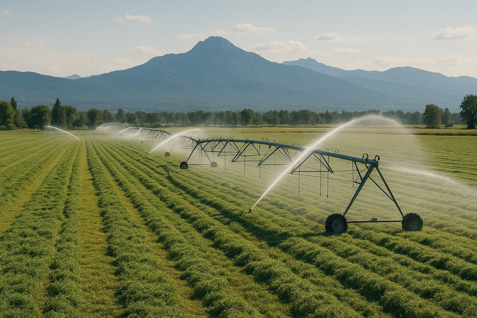 Washington State hay field with irrigation systems and mountains.