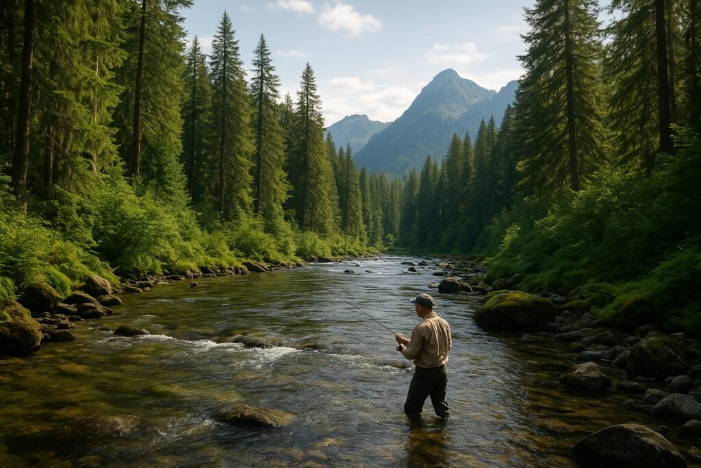 Person fishing in a Washington State stream surrounded by forest and mountains.