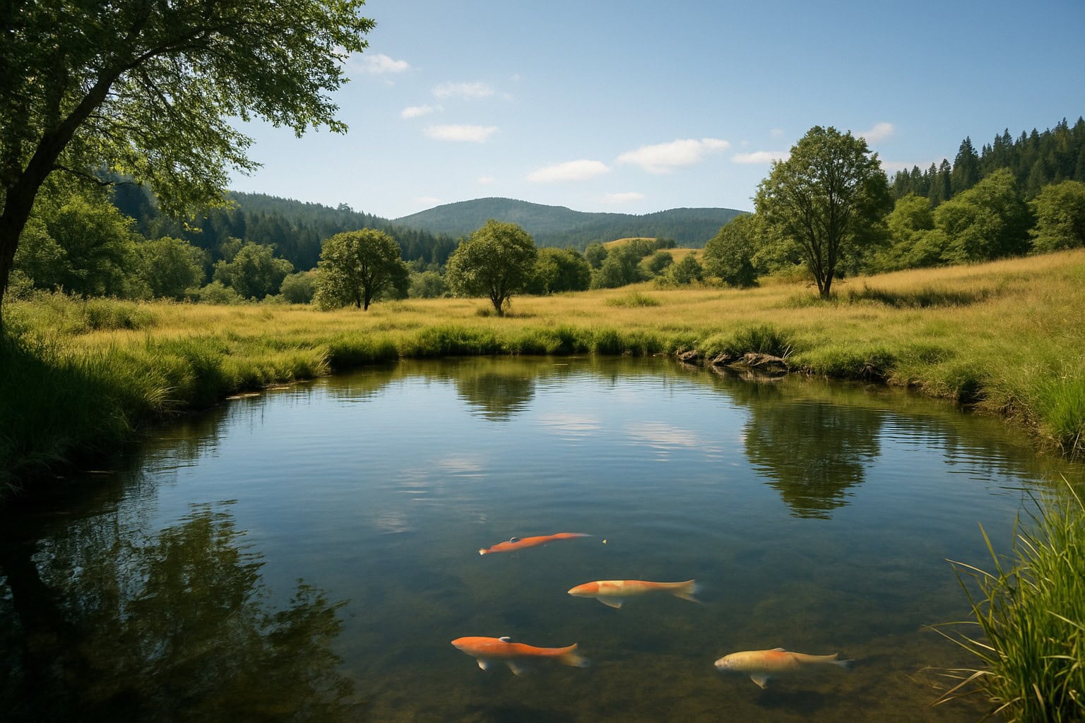 Private pond on rural Washington property with fish and scenic hills.