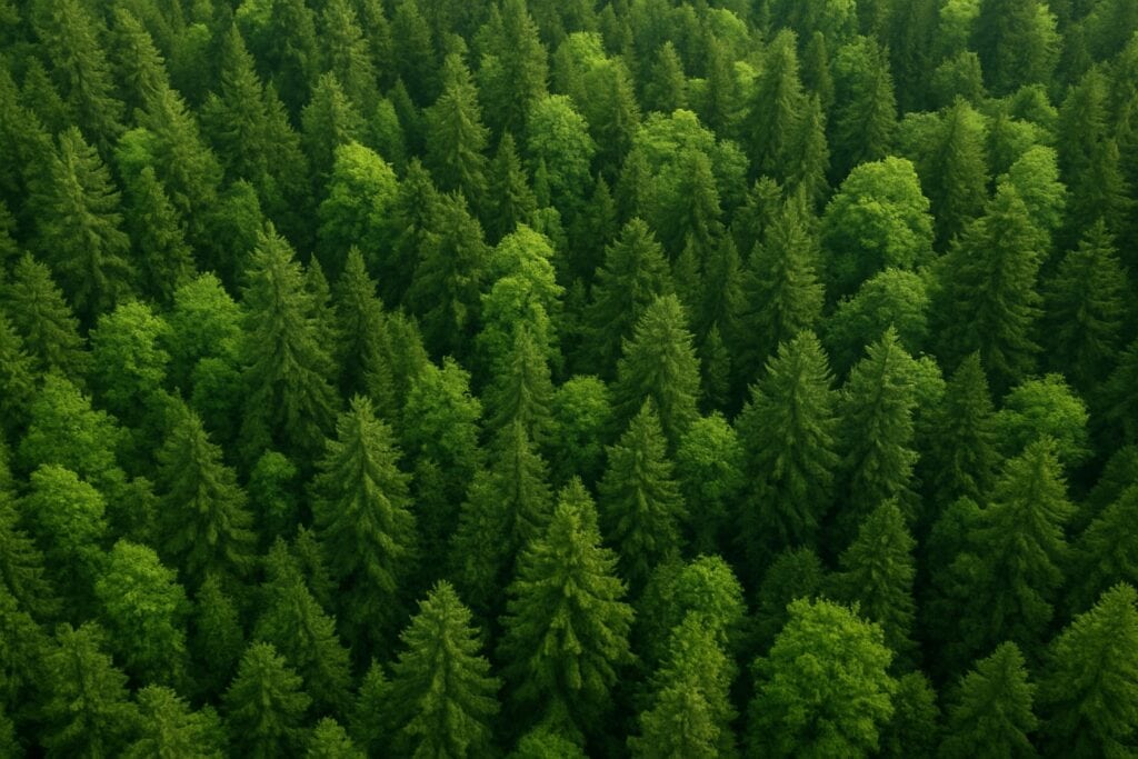 Aerial view of a healthy forest in the Olympic Peninsula, Washington State.