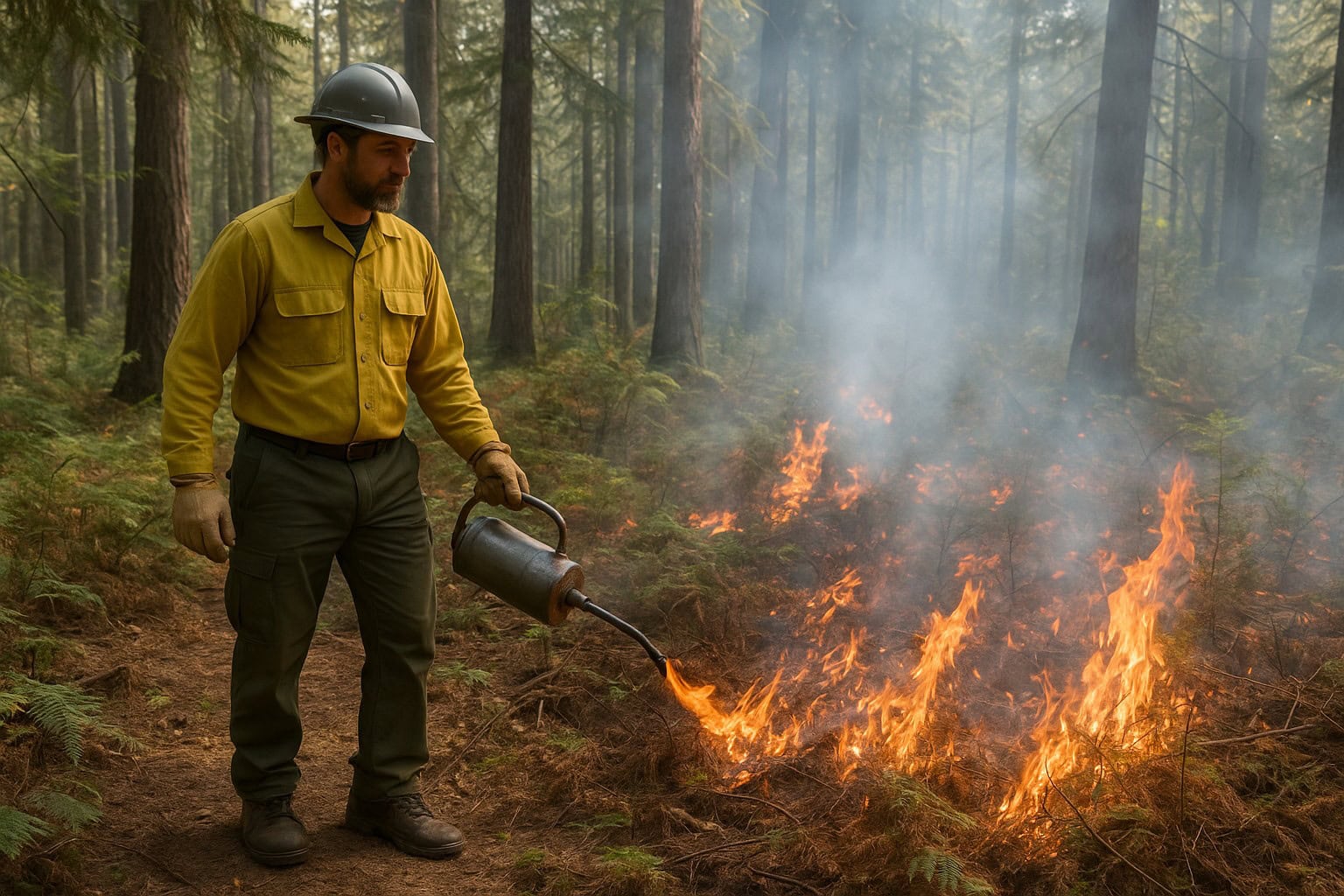 Forester performing a controlled burn in a Washington State forest.