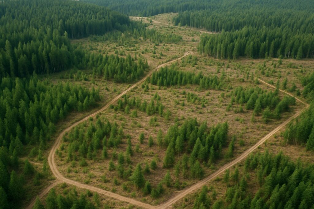 Aerial view of managed forest in Washington State with firebreaks and logging roads.