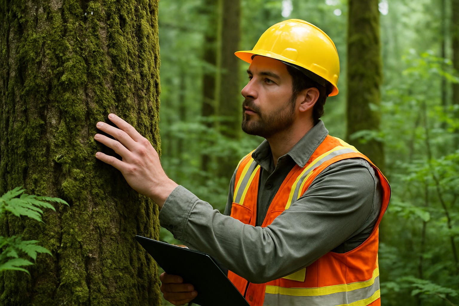 Forest worker inspecting trees for disease in a Washington State forest.